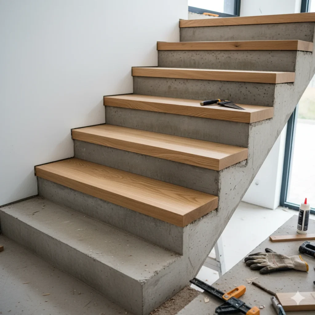 Eine Betontreppe wird mit hochwertigen Trittstufen aus Massivholz verkleidet.