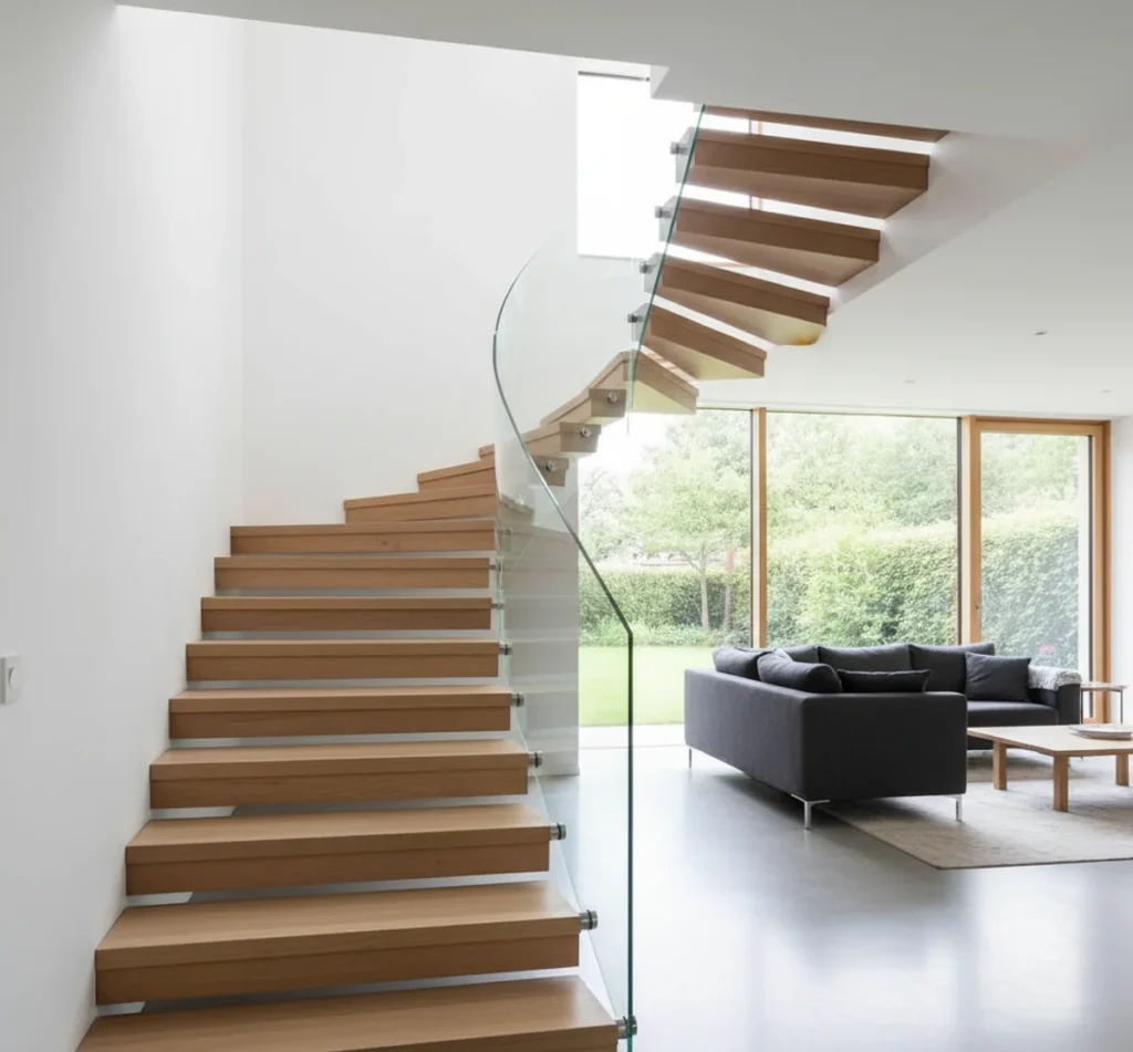 Eine moderne Faltwerktreppe aus Eichenholz als zentrales Designelement im Haus.