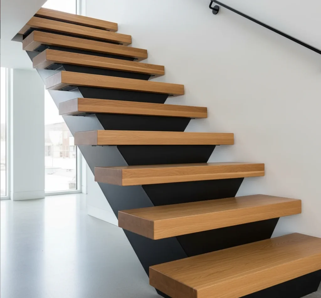 Die beliebte Materialkombination für moderne Treppen: Eichenstufen auf einer schwarzen Stahlwange.