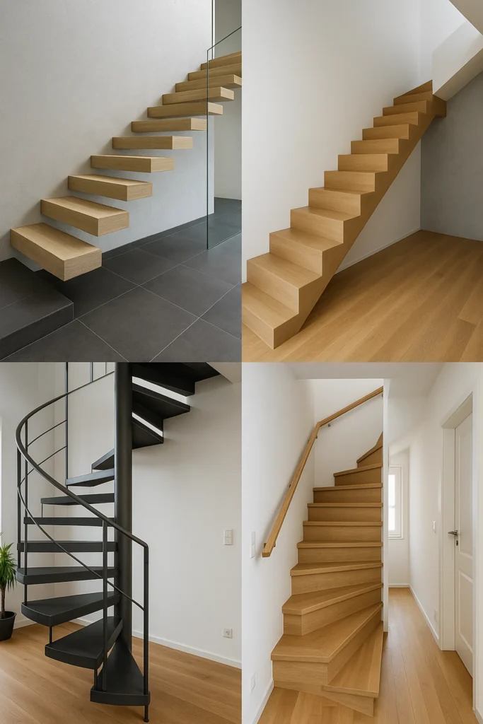Collage moderner Treppen-Konstruktionsarten: Kragarmtreppe, Faltwerktreppe und gewendelte Treppe