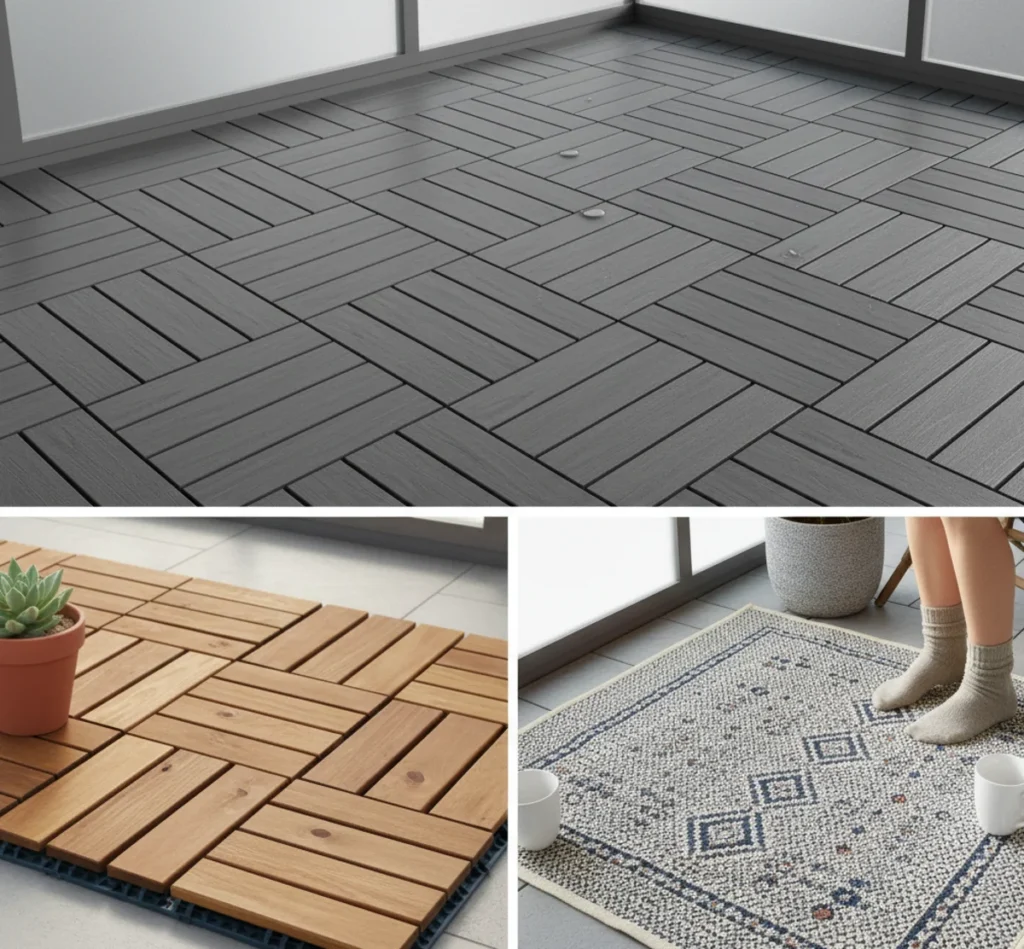 Vergleich von Bodenbelägen für den Balkon: WPC-Fliesen, Holzfliesen und Außenteppich.