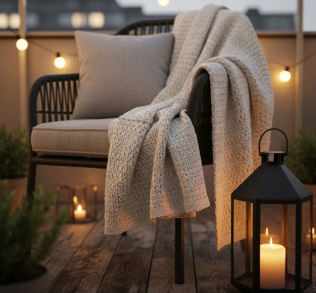 Gemütliche Dekoration mit Kissen, Decke und Laterne für den Balkon.