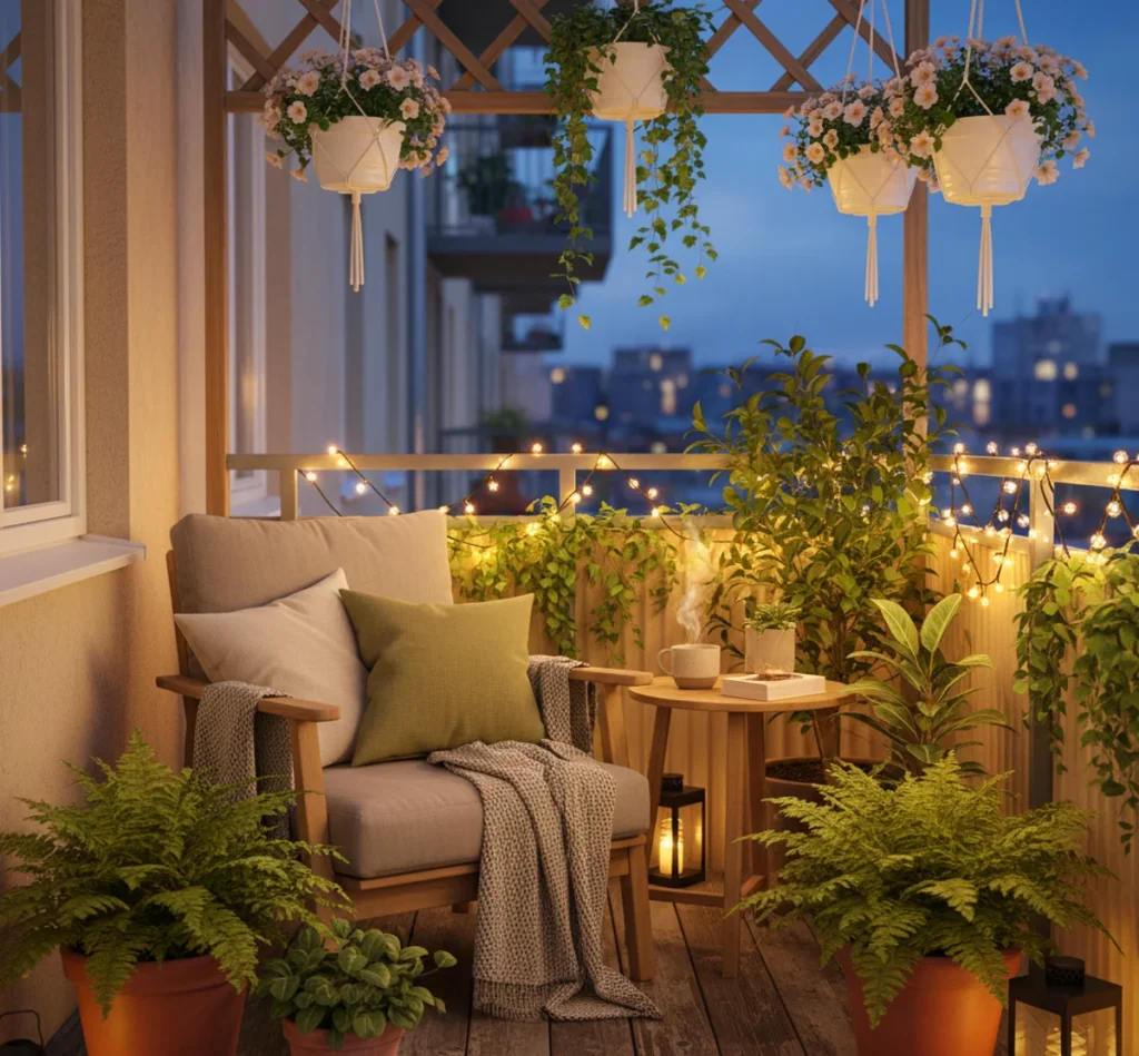 Ein gemütlich eingerichteter Balkon dient als grüne Wohlfühloase in der Stadt.