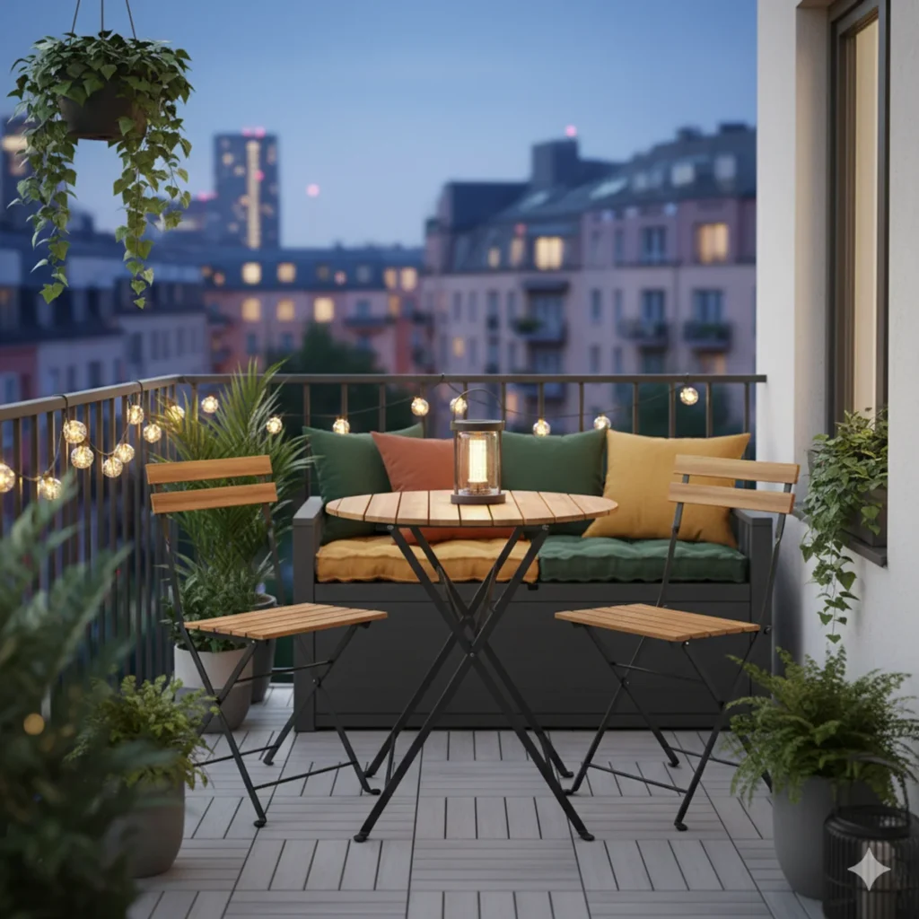 Platzsparende und klappbare Möbel sind ideal, um einen kleinen Balkon einzurichten.