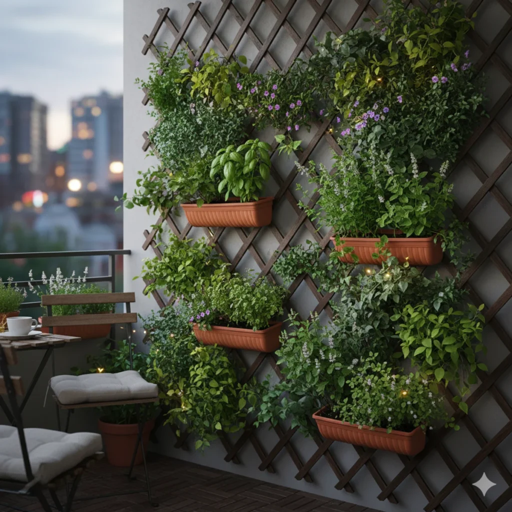 Ein vertikaler Garten mit Rankgitter und Hängetöpfen nutzt den Platz auf dem Balkon optimal aus.