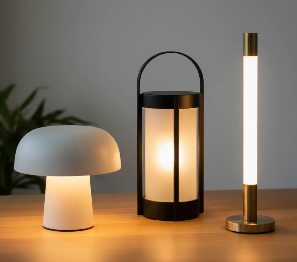 Eine Auswahl an modernen, kabellosen Akku-Leuchten für den flexiblen Einsatz auf dem Balkon.
