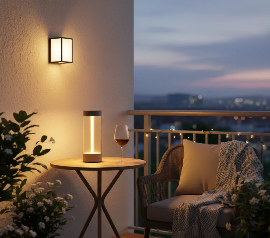 Eine stimmungsvolle Balkonbeleuchtung mit einer Kombination aus Wandleuchte und Akku-Tischleuchte