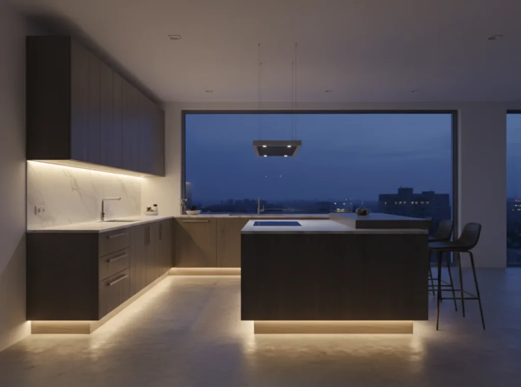 Indirekte, dimmbare LED-Beleuchtung unter Ober- und Unterschränken schafft eine atmosphärische Küchenbeleuchtung.