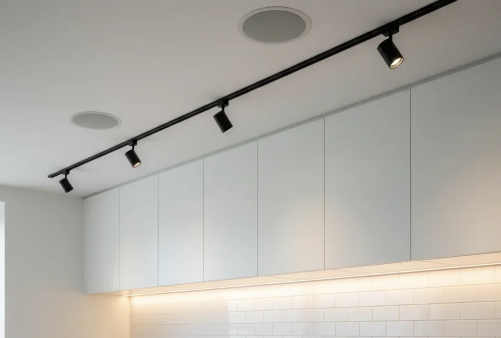 Dezent in die Decke integrierte Lautsprecher für Musik und Radio in der Küche.