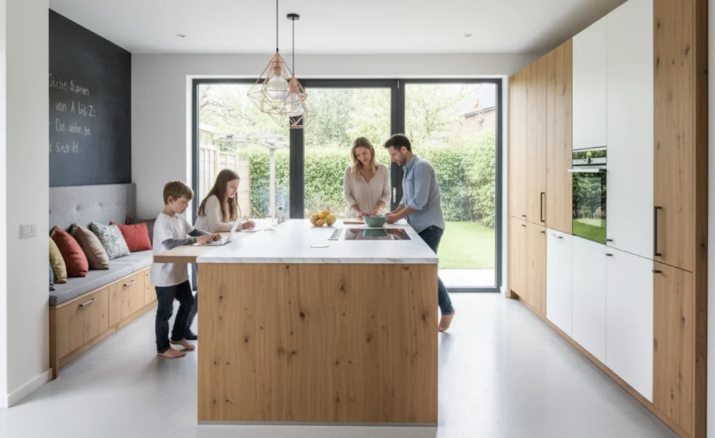 Die Familie steht an der Arbeitsplatte in der neuen, gut geplanten Küche.