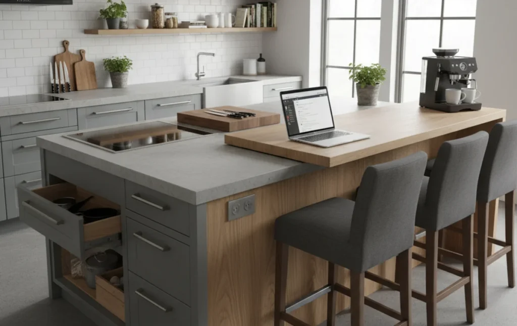 Eine gut geplante Küchen-Halbinsel dient als Arbeitsplatz, Essbereich und Kaffeebar.