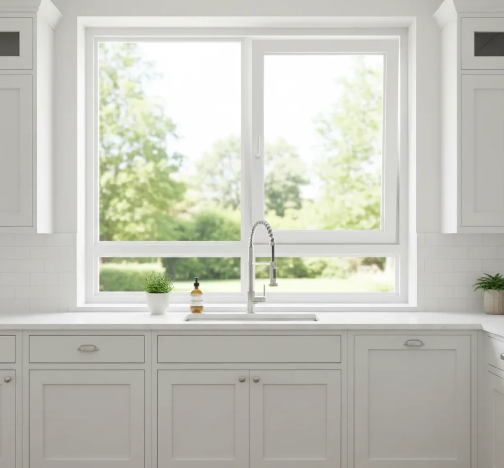 Die Lösung für die Spüle: Ein Küchenfenster mit horizontaler Teilung und festverglastem Unterteil.