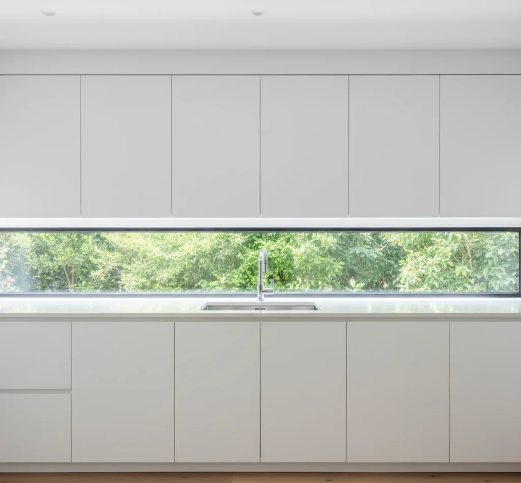 Ein modernes Panoramafenster als Nischenrückwand in der Küche ersetzt den Fliesenspiegel.