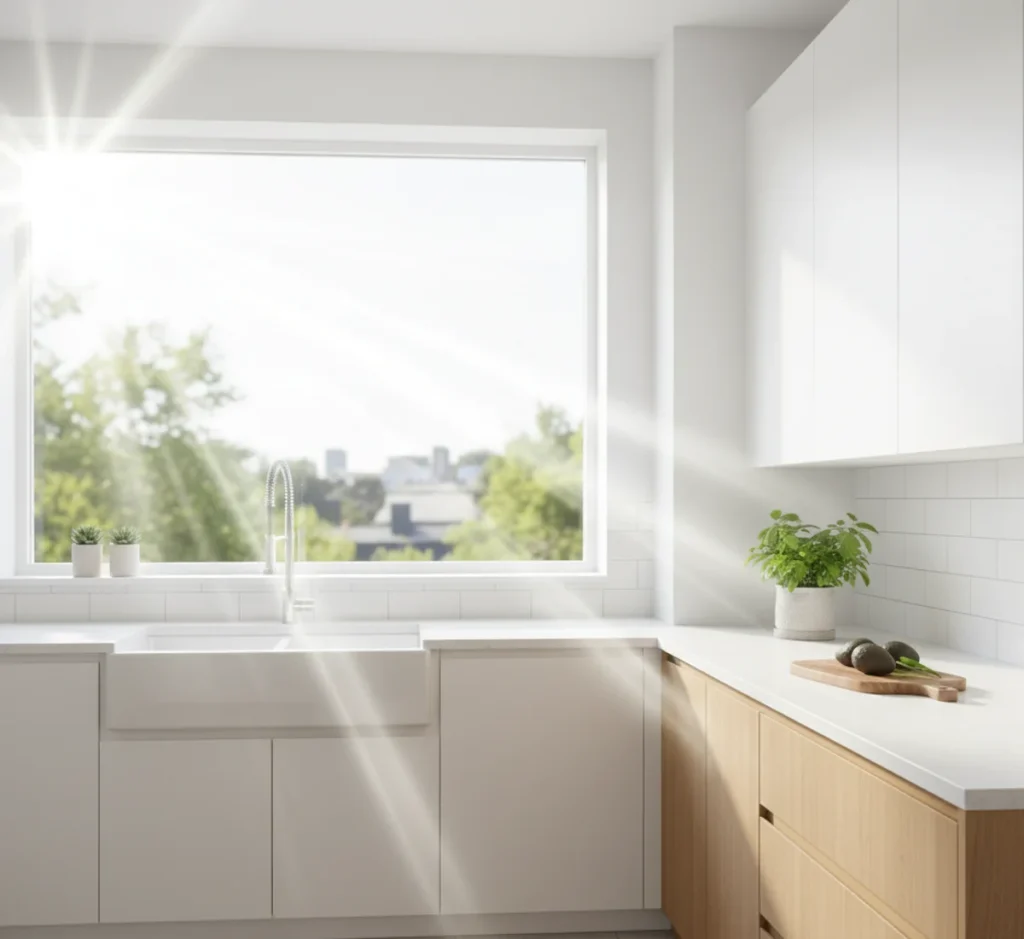 Ein großes, gut geplantes Küchenfenster über der Spüle sorgt für viel Licht und eine angenehme Atmosphäre.