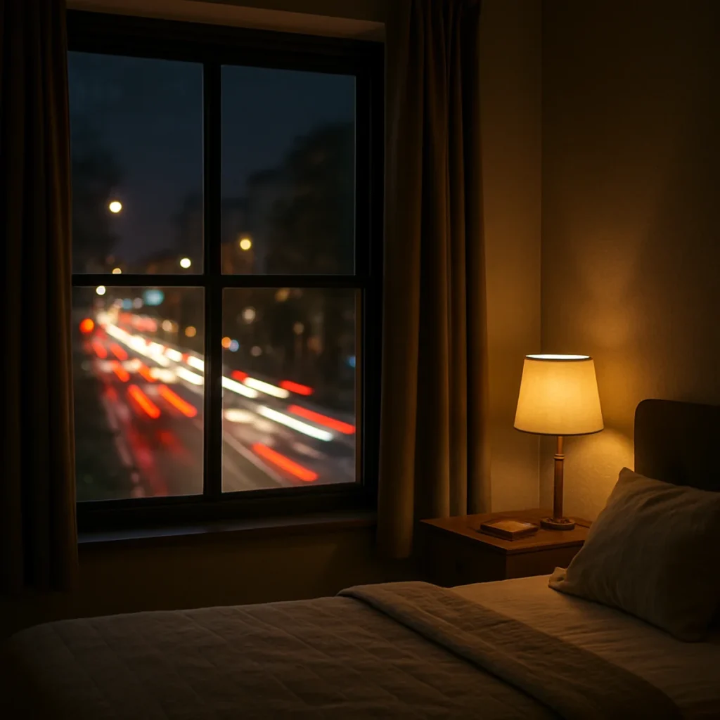 Ruhiges Schlafzimmer mit Blick auf eine laute Straße bei Nacht, dank eines hochwirksamen Schallschutzfensters.