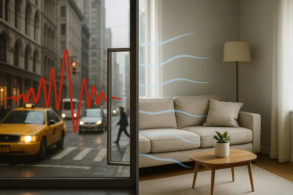 Infografik zur Funktion eines Schallschutzfensters, das lauten Außenlärm in eine ruhige Wohnatmosphäre umwandelt.