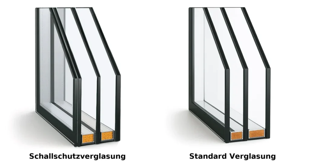 Technischer Aufbau von Schallschutzglas im Vergleich zu Standardglas, mit asymmetrischen Scheiben und Schallschutzfolie.