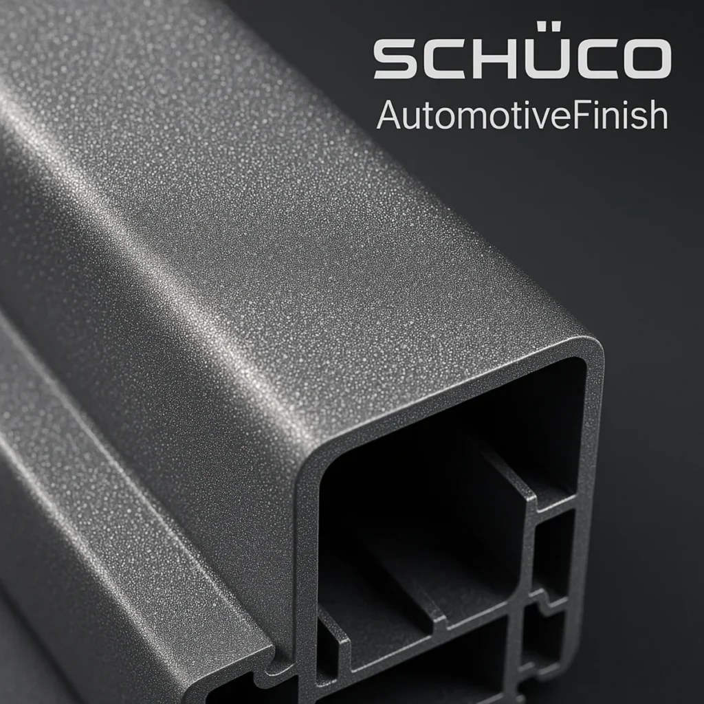 Detailaufnahme der exklusiven Schüco AutomotiveFinish Oberfläche in einem metallischen Farbton.