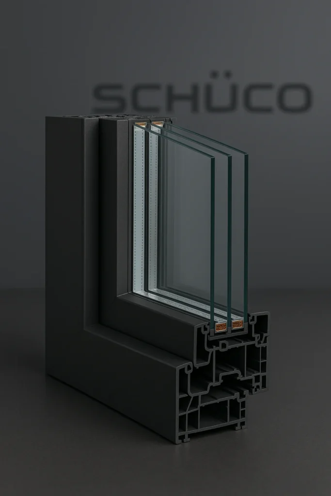 Hochwertiges Schüco Kunststofffenster-Eckmuster, das die Markenqualität und Präzision symbolisiert