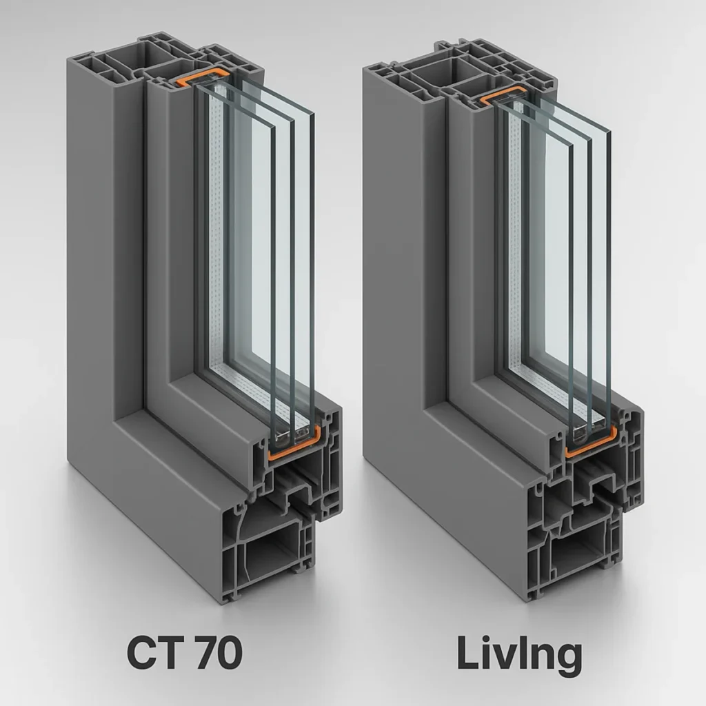 Technischer Vergleich der Schüco Profilsysteme Corona CT 70 (5 Kammern) und LivIng (7 Kammern mit Mitteldichtung)