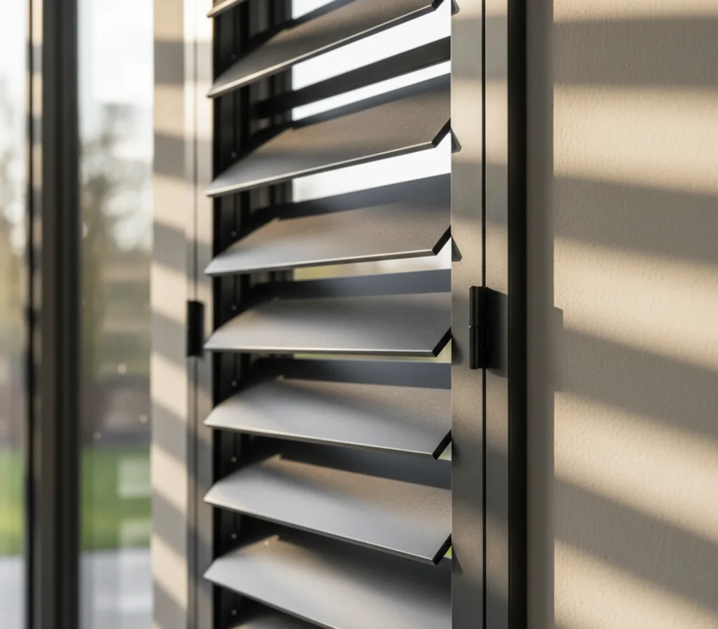 Fensterladen mit beweglichen Lamellen zur individuellen Steuerung von Licht und Schatten.
