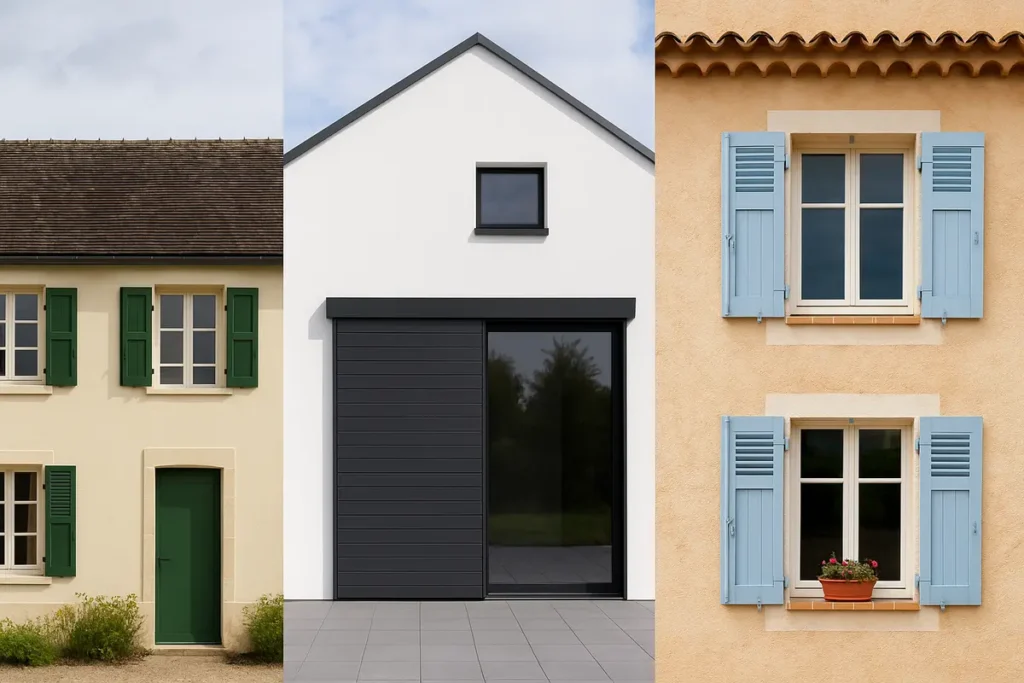 Collage mit verschiedenen Fensterläden: Klassische Holz-Klappläden, moderne Alu-Schiebeläden und mediterrane Lamellenläden.