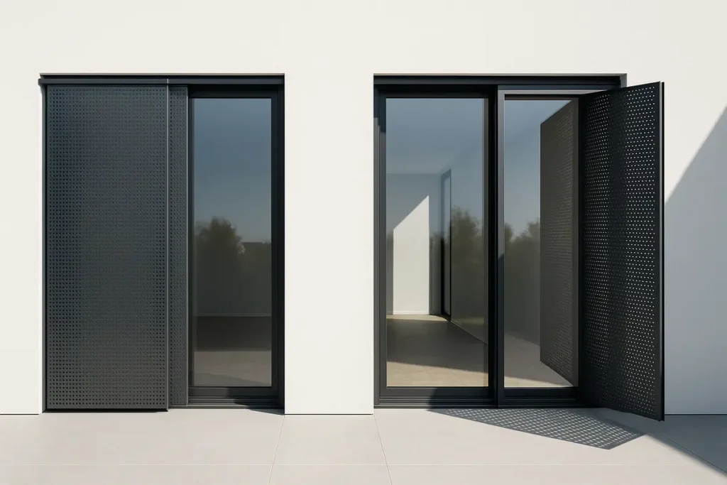 Moderne Architektur mit minimalistischen Schiebeläden aus Aluminium als Gestaltungselement.