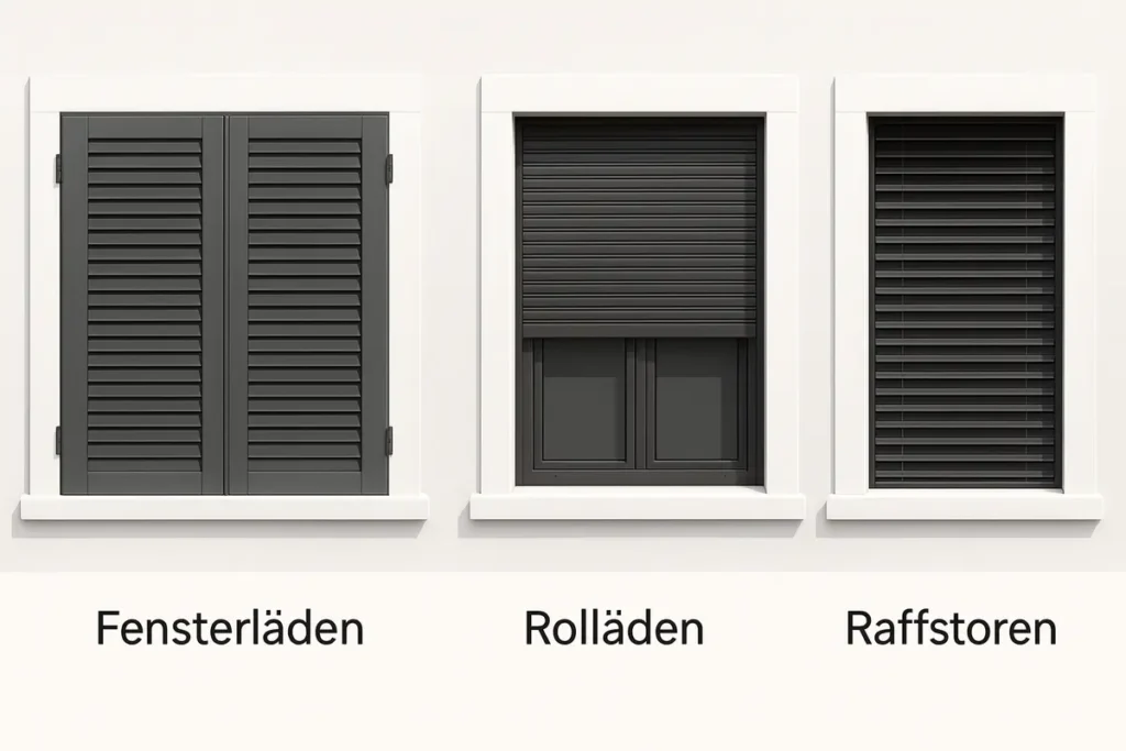 Visueller Vergleich von außenliegendem Sonnenschutz: Fensterladen, Rollladen und Raffstore.