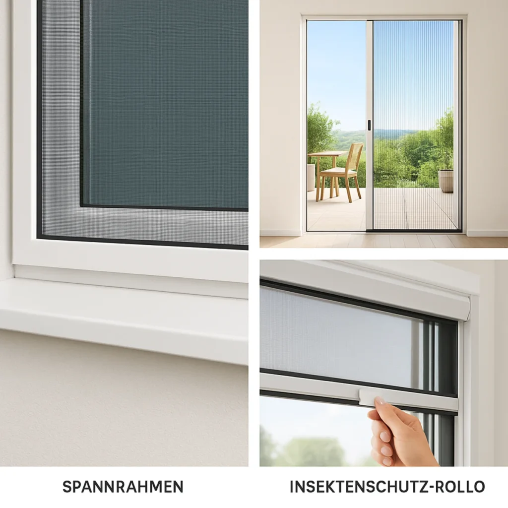 Collage mit modernen Insektenschutz-Lösungen: Spannrahmen für Fenster, Plissee für Türen und integriertes Rollo.