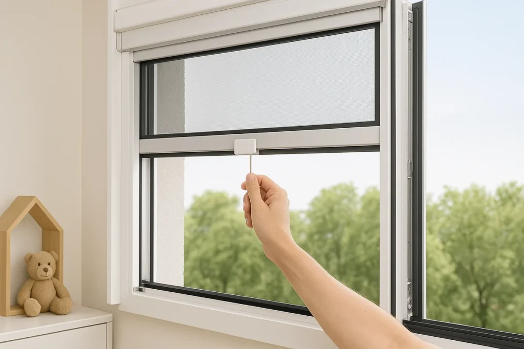 Flexibles Insektenschutz-Rollo an einem weit geöffneten Fenster in einem Kinderzimmer.