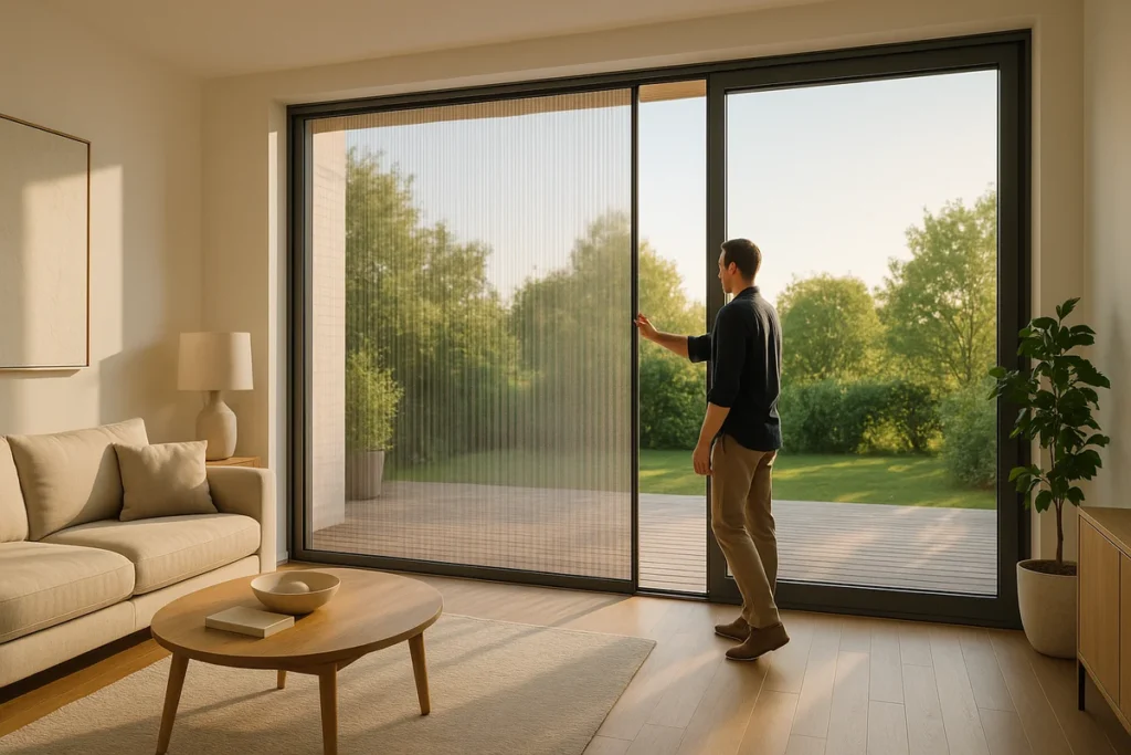 Platzsparende und elegante Plissee-Insektenschutztür für eine breite Terrassentür.