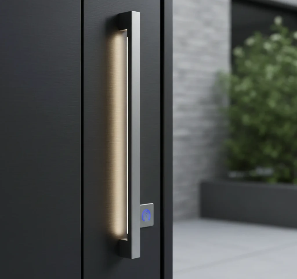 Detailaufnahme einer hochwertigen Aluminium-Haustür mit Fingerprint-Scanner und LED-Griff