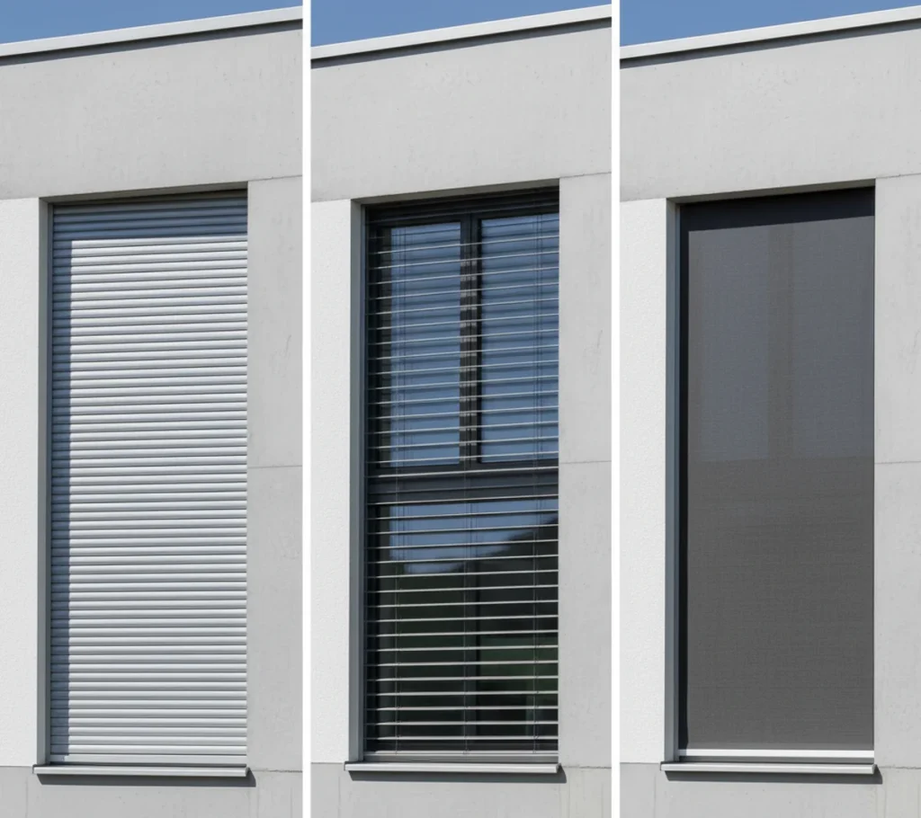 Vergleich von außenliegendem Sonnenschutz: Rollladen, Raffstore und textiler Screen.