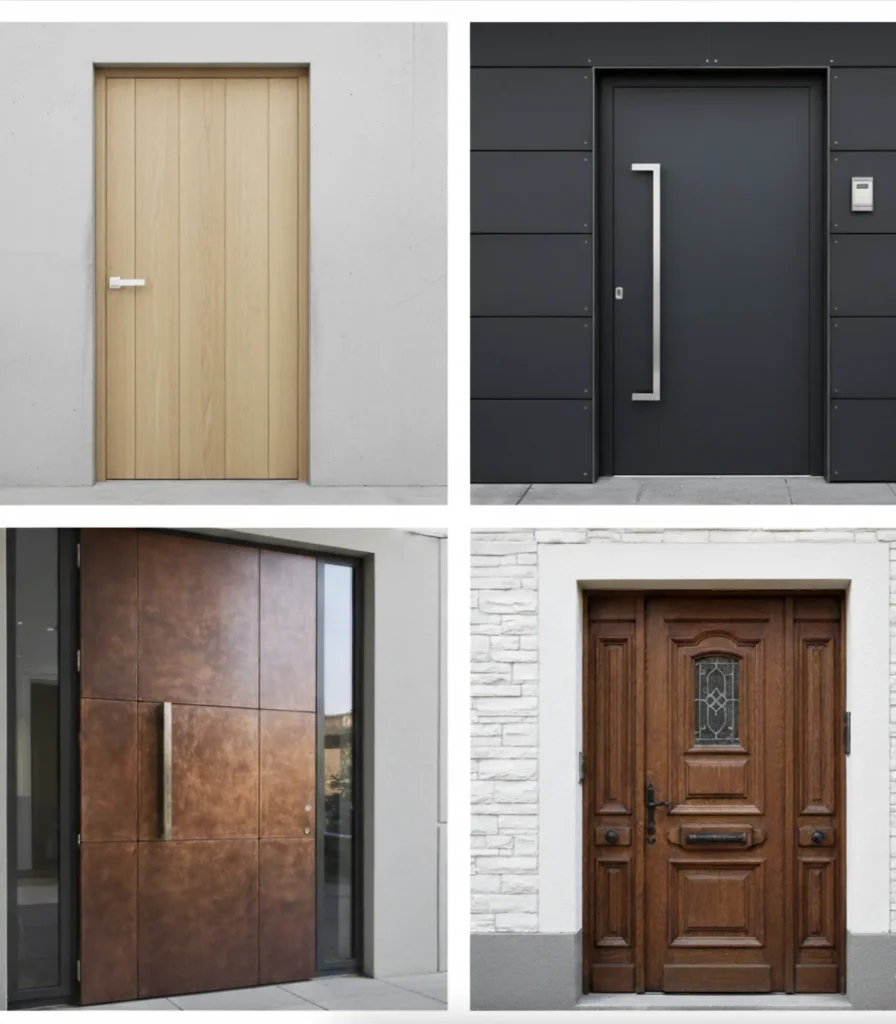 Collage, die europäische Design-Einflüsse bei Haustüren aus polnischer Fertigung zeigt.