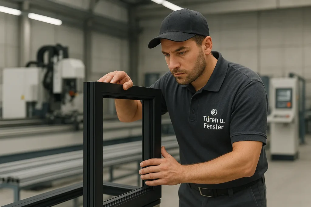 Ein Facharbeiter in einer modernen polnischen Fabrik bei der Qualitätskontrolle einer Haustür