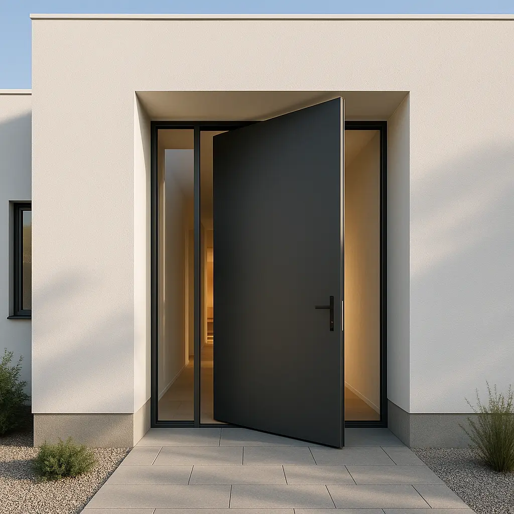 Eine moderne Aluminium-Haustür aus Polen als repräsentativer Eingang eines Hauses.