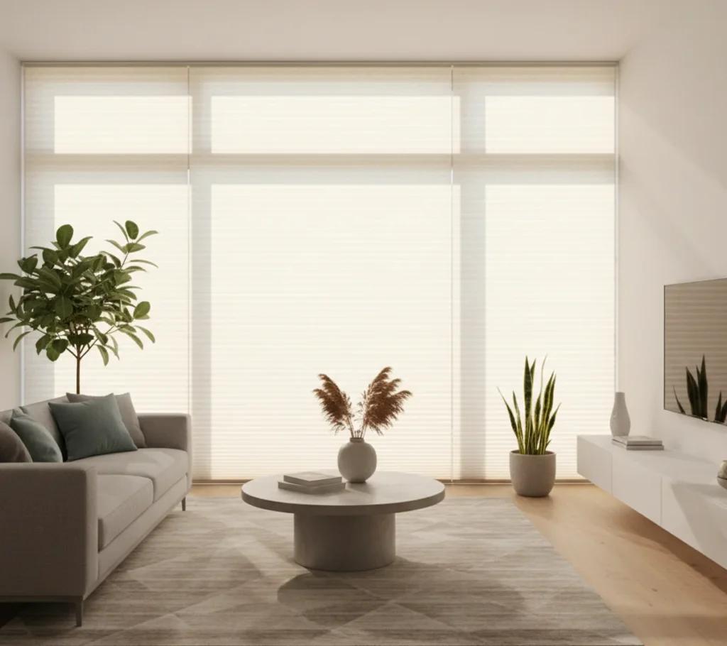 Moderner Sonnenschutz (Plissee) am Fenster sorgt für blendfreies Licht und eine angenehme Atmosphäre.