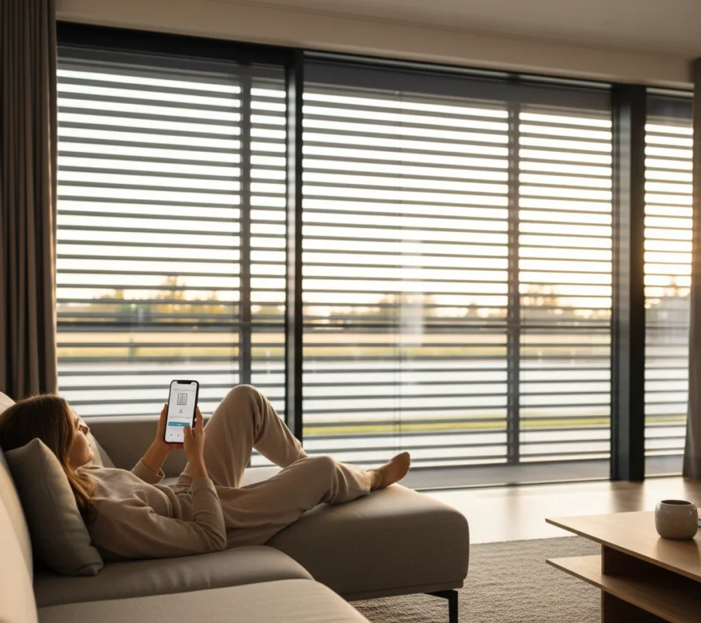 Eine Person steuert bequem per Smart Home App den Sonnenschutz am Fenster.