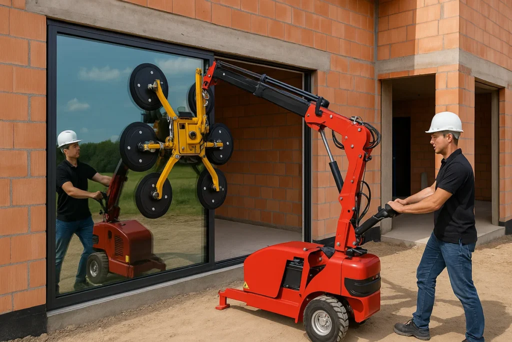 Ein Glasroboter (Ein Glasroboter hebt eine schwere Glasscheibe für die sichere Montage einer Hebeschiebetür) hebt eine schwere Glasscheibe für die sichere Montage einer Hebeschiebetür