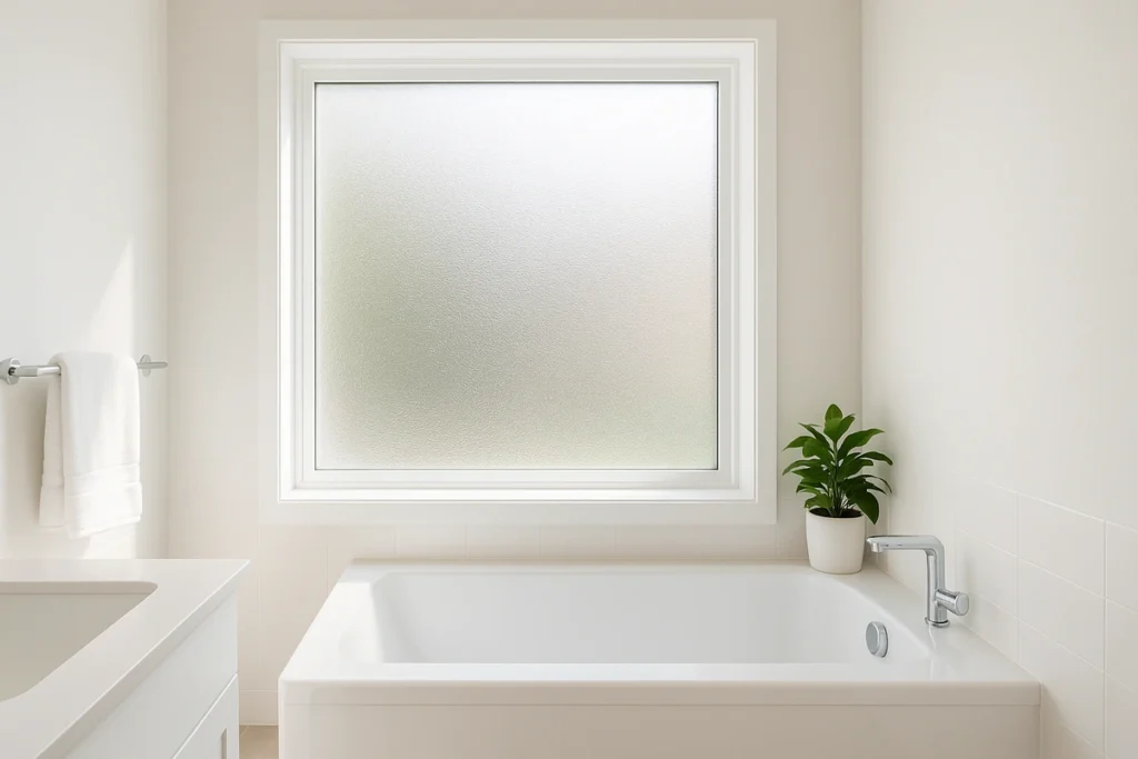 Badezimmerfenster mit Chinchilla-Ornamentglas sorgt für helles Licht und optimalen Sichtschutz.