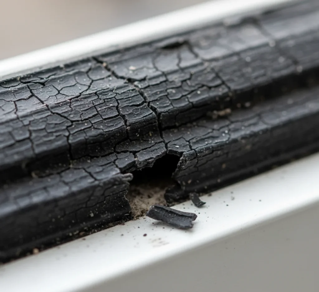 Eine defekte, poröse und rissige Fensterdichtung, die ausgetauscht werden muss.