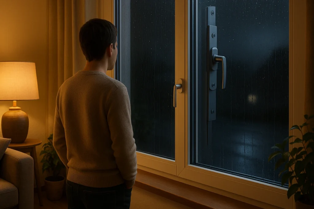 Sicherer Blick aus einem modernen, einbruchhemmenden Fenster in die Nacht