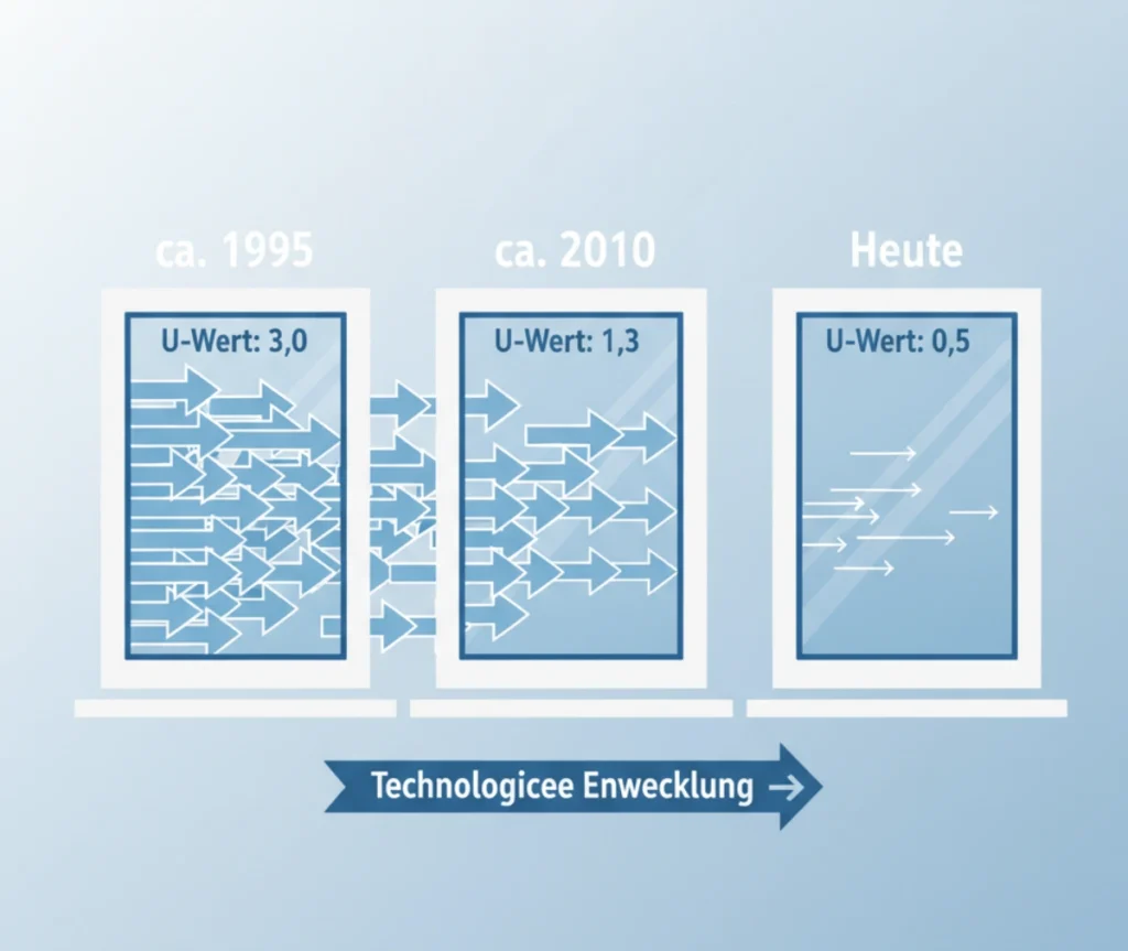 Die technologische Entwicklung der Wärmedämmung (U-Wert) bei Fenstern über 30 Jahre.