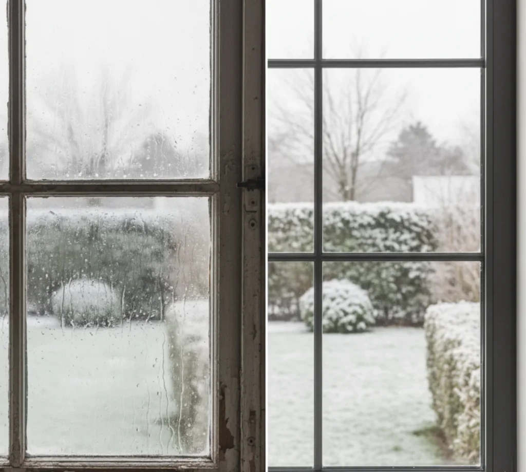 Vergleich: Kondenswasser an einem alten Fenster als Wärmebrücke und ein neues, trockenes Fenster