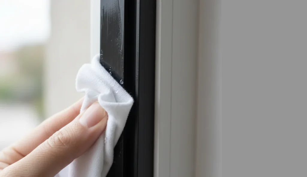 Eine Fensterdichtung wird sorgfältig mit einem Pflegemittel eingerieben, um sie geschmeidig zu halten.