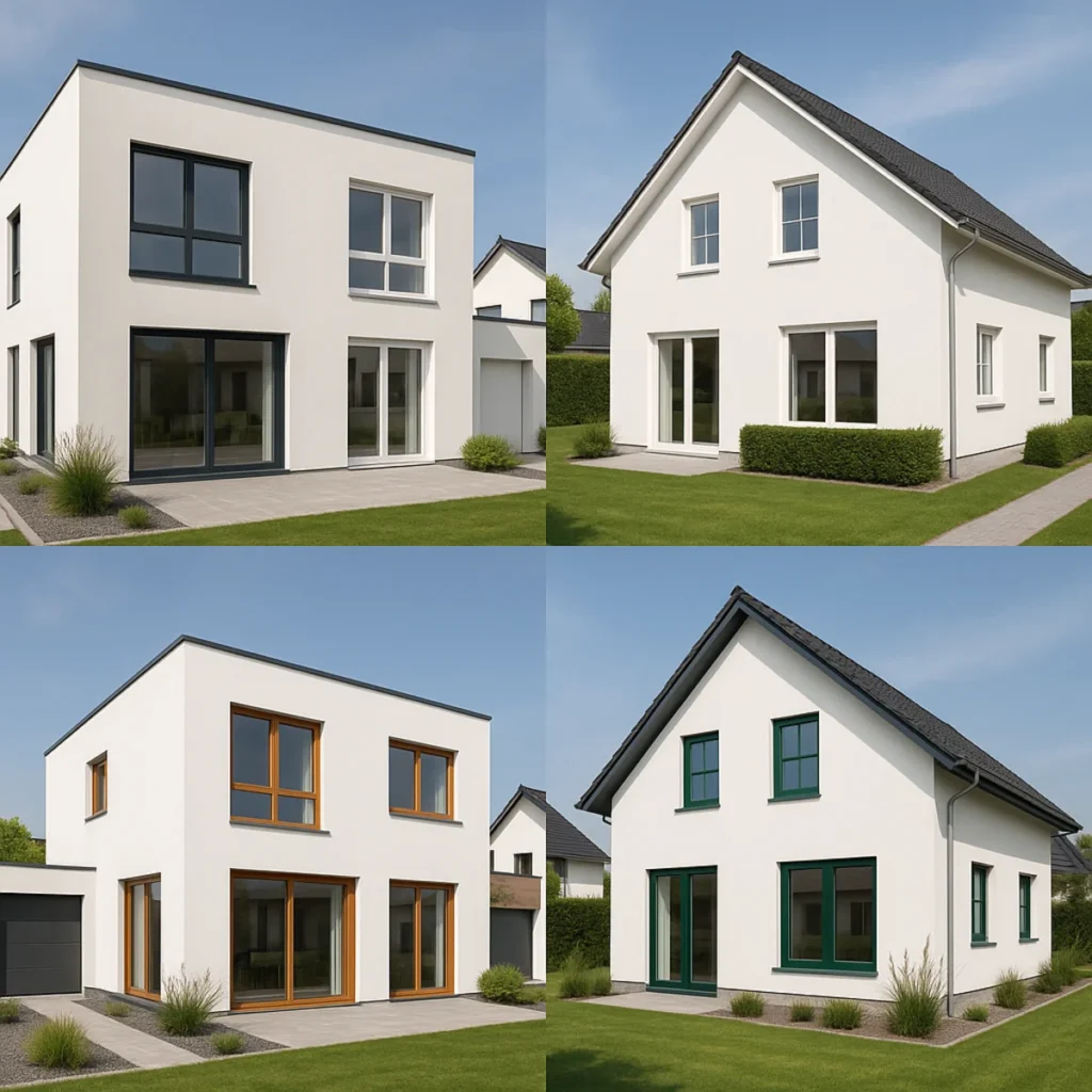 Collage mit Häusern, die verschiedene Fensterfarben wie Anthrazit, Weiß und Holzdekor zeigen