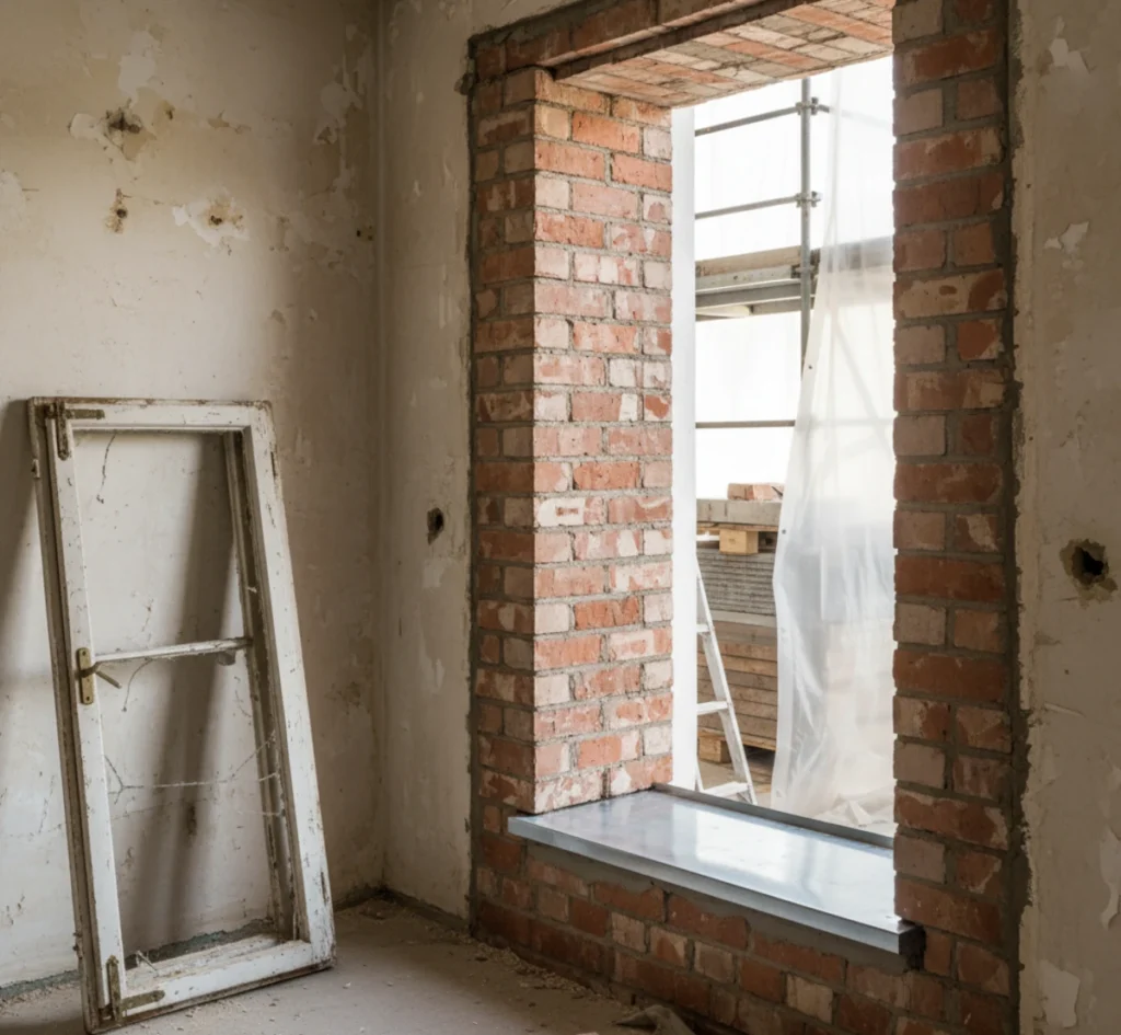 Eine vorbereitete Fensteröffnung im Altbau neben dem ausgebauten, alten Holzfenster.