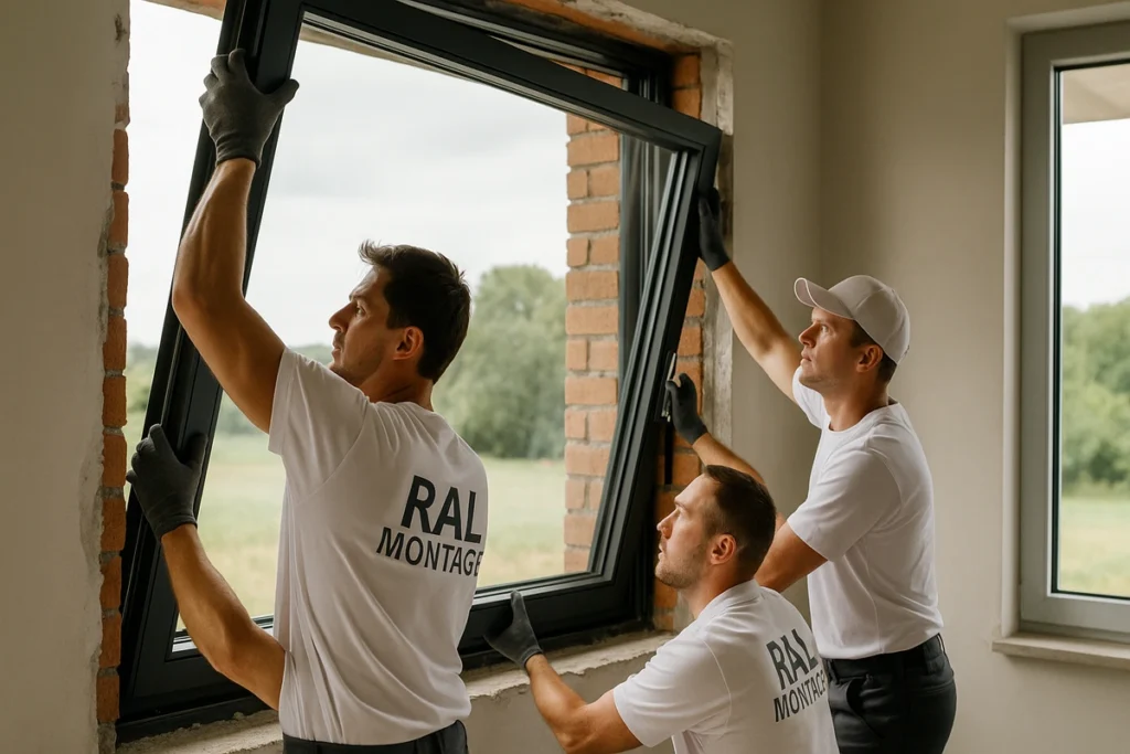 Drei Monteure arbeiten im Team, um einen schweren Fensterflügel sicher einzuhängen.