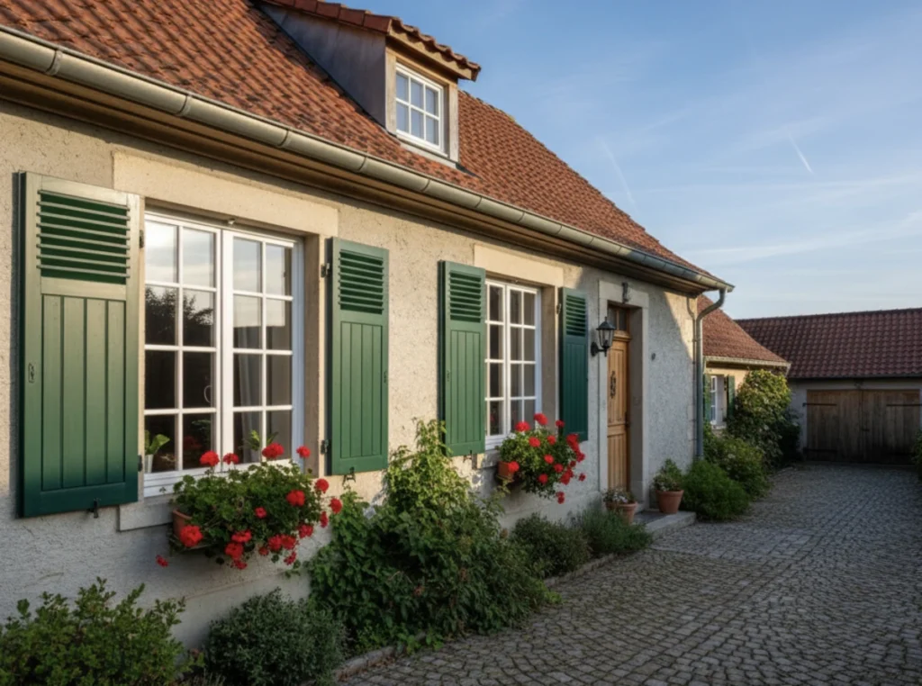 Weiße Fenster mit Sprossen prägen den Charakter einer klassischen Hausfassade.