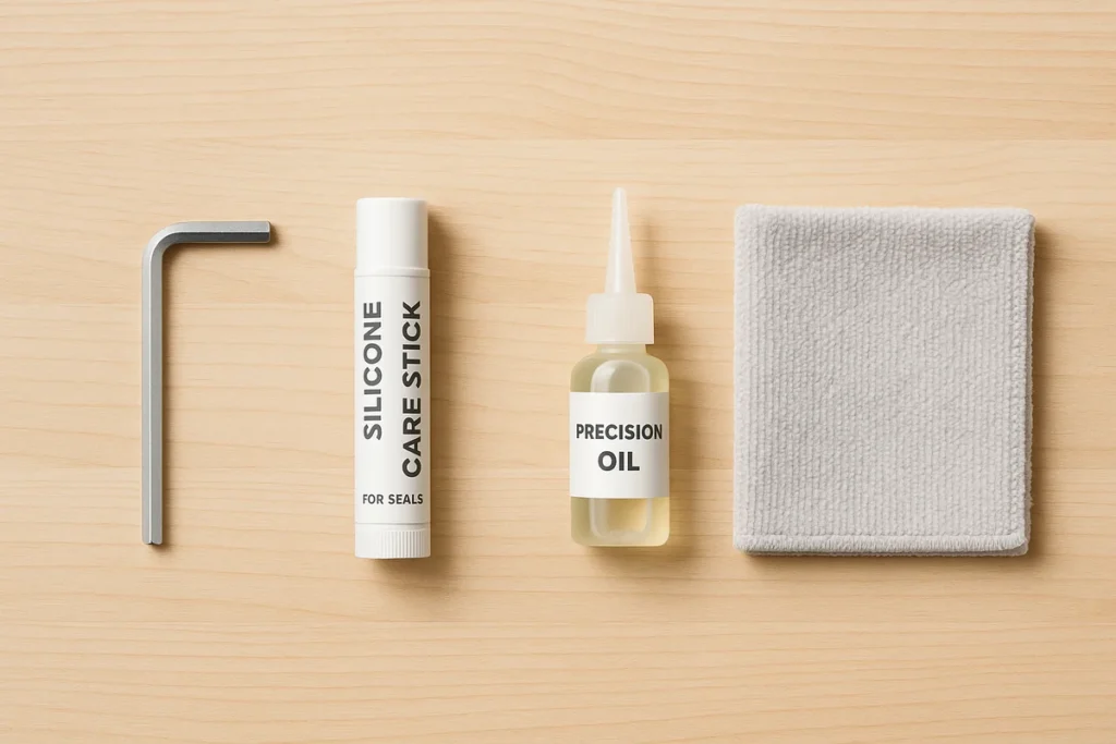 Werkzeuge und Pflegemittel für die jährliche Fensterwartung.